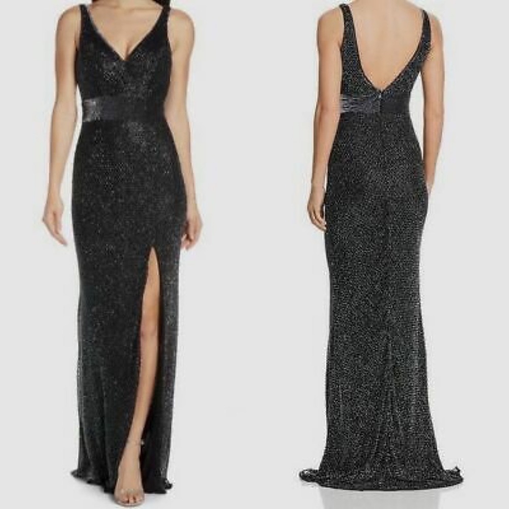 Mac Duggal Women's Black V-Neck Beaded Sequin prom pageant evening Gown NWT